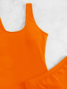 SHEIN Swim Traje de baño sólido de una pieza acanalado para playa en verano con shorts de playa - Naranja - Ver 6