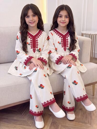SHEIN Tween Girls Fall Outfits Cream Base Red Embroidery Set, Elegant And Sophisticated, Long Sleeve Top With Fresh Floral Print Pattern Adorned On The Body