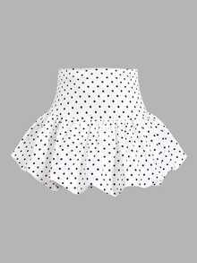 SHEIN 青少年女孩舒適針織復古波點鬱金香裙 黑白波點裙 - 白色 - 查看 3