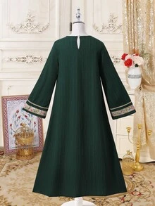 SHEIN Tween Girl Floral Embroidery Pattern Fringe Design Casual Loose Fit Party Bell Sleeve Dress - Dark Green - View 4