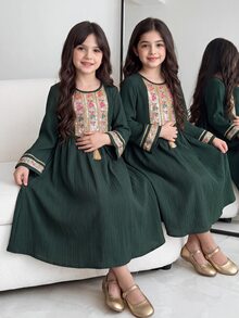 SHEIN Tween Girl Floral Embroidery Pattern Fringe Design Casual Loose Fit Party Bell Sleeve Dress - Dark Green - View 2