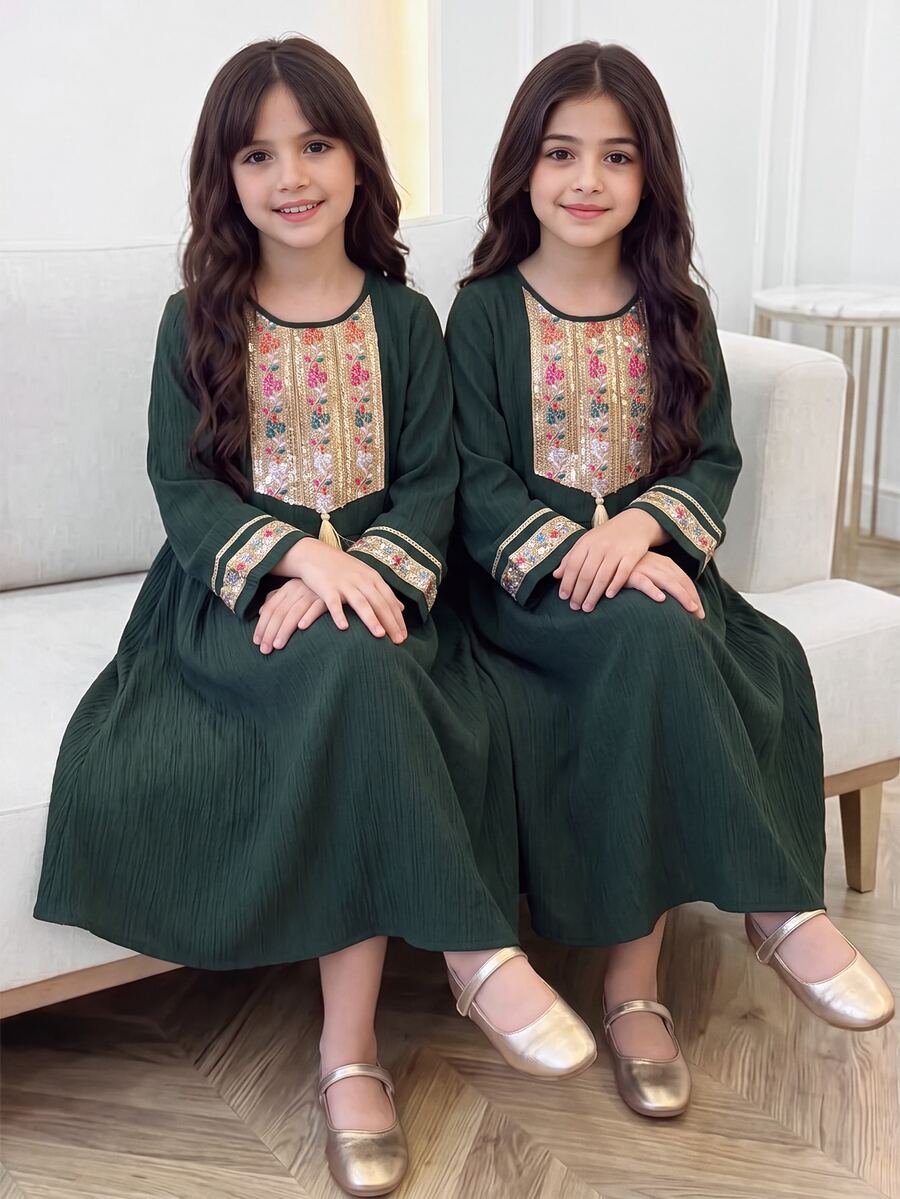 SHEIN Tween Girl Floral Embroidery Pattern Fringe Design Casual Loose Fit Party Bell Sleeve Dress - Dark Green - View 1
