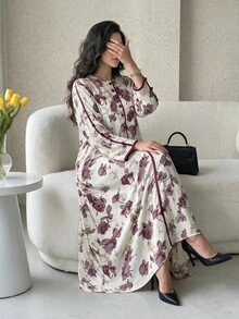 Al Najma 保守休閒端莊優雅 Filipiniana 印花滾邊女款傳統阿拉伯長襯衫，白色，適合家庭正式場合、Ninang、婚禮、辦公室、夜晚、秋季 - 彩色 - 查看 1