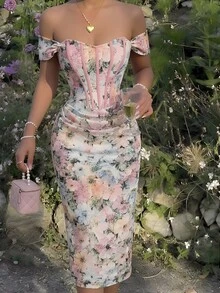 Skyraze Women's Floral Print Off Shoulder Ruched Fitted Dress Wedding Vacation Party Pink And White Polka Dot Summer Elegant - Multicolor - View 3