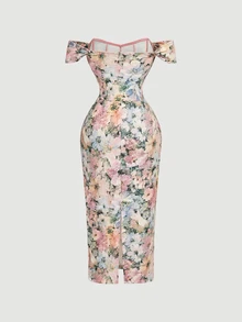 Skyraze Women's Floral Print Off Shoulder Ruched Fitted Dress Wedding Vacation Party Pink And White Polka Dot Summer Elegant - Multicolor - View 5