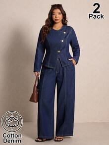 Elaquor Plus Size Autumn Casual Commute Jacket & Jeans 2 Pieces Set, Fall Winter Outfits For Women, Asymmetrical Denim Set, Office, Business, Commuter Set. - Blue - View 4