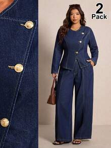 Elaquor Plus Size Autumn Casual Commute Jacket & Jeans 2 Pieces Set, Fall Winter Outfits For Women, Asymmetrical Denim Set, Office, Business, Commuter Set. - Blue - View 2