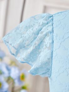 SHEIN Elegant Sky Blue Lace Trim A-Line Dress With Flutter Sleeves For Young Girls,Soft Summer Flower Girl Design For Family Gatherings,Spring/Summer - Baby Blue - View 10