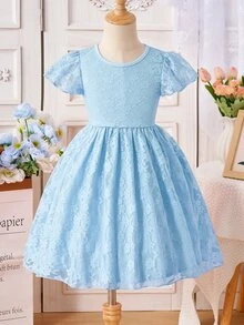 SHEIN Elegant Sky Blue Lace Trim A-Line Dress With Flutter Sleeves For Young Girls,Soft Summer Flower Girl Design For Family Gatherings,Spring/Summer - Baby Blue - View 8
