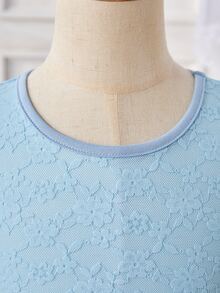 SHEIN Elegant Sky Blue Lace Trim A-Line Dress With Flutter Sleeves For Young Girls,Soft Summer Flower Girl Design For Family Gatherings,Spring/Summer - Baby Blue - View 9