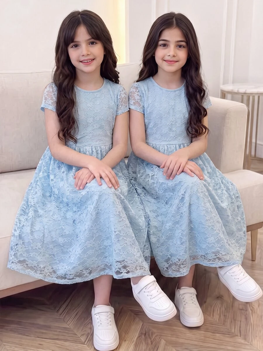SHEIN Elegant Sky Blue Lace Trim A-Line Dress With Flutter Sleeves For Young Girls,Soft Summer Flower Girl Design For Family Gatherings,Spring/Summer - Baby Blue - View 1
