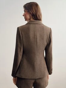 Briarwyn Women's Winter Solid Color Herringbone Patchwork PU Pocket Waist-Cinching Thickened Blazer Jacket - Coffee Brown - View 3