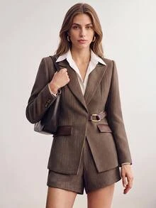 Briarwyn Women's Winter Solid Color Herringbone Patchwork PU Pocket Waist-Cinching Thickened Blazer Jacket - Coffee Brown - View 7