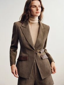Briarwyn Women's Winter Solid Color Herringbone Patchwork PU Pocket Waist-Cinching Thickened Blazer Jacket - Coffee Brown - View 5