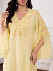 Al Najma 女款蕾絲拼接阿拉伯風禮服，洗禮賓客 Ninang 婚禮晨袍 Bianca 秋季端莊優雅米白色菲律賓風 - 黃色 - 查看 9