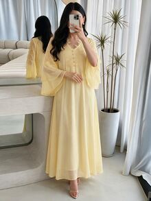 Al Najma 女款蕾絲拼接阿拉伯風禮服，洗禮賓客 Ninang 婚禮晨袍 Bianca 秋季端莊優雅米白色菲律賓風 - 黃色 - 查看 1