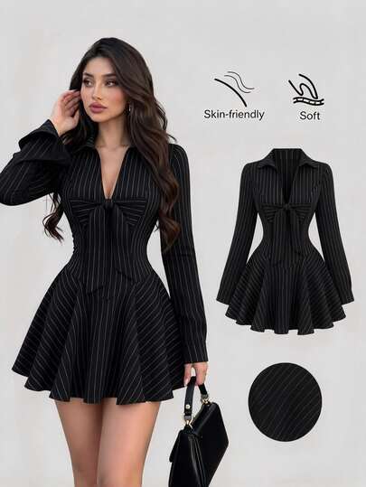 Sweetra Vestido de mujer de manga larga estilo A-line, minimalista, preppy, sexy, con lazo en la cintura, efecto adelgazante, a rayas negras y blancas, estilo Old Money, elegante para oficina