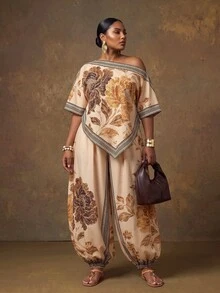 Veslaya Plus Size 2-delat set med blomprintad topp med asymmetrisk axel och lösa byxor - Multifärgad - Visa 8