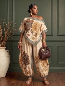 Veslaya Plus Size 2-delat set med blomprintad topp med asymmetrisk axel och lösa byxor - Multifärgad - Visa 4
