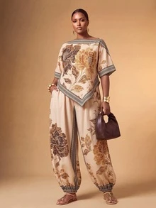 Veslaya Plus Size 2-delat set med blomprintad topp med asymmetrisk axel och lösa byxor - Multifärgad - Visa 7