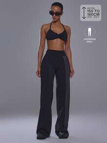 Musera Petite Fold Over Waist Stripe Side Fitted Straight Leg Yoga Petite Pants Active Daily Active Gym Workout Fall Autumn Winter Pilates - Black - View 1