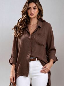 Franclia Plus Size Women's Pocket Lapel Casual Baggy Shirt, Simple Elegant Versatile Fashionable Comfortable Fall Office Brown - Brown - View 4