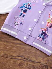 SHEIN Girls Purple & White Colorblock Cartoon Baseball Jacket, Classic Autumn/Winter Varsity Jacket, Ribbed Stand Collar + Single-Breasted White Button Placket, Purple & White Striped Ribbed Cuffs And Hem, Light Purple Body With Cartoon Character Print On Front, Sweet & Cool Girl Style, Beige Contrast Sleeves, Suitable For School Daily Wear And Outings - Purple - View 5