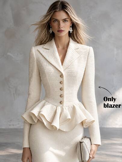 SHEIN Atasan Peplum Tweed Kancing Kerah Krem Wanita Musim Gugur/Dingin, Jaket Tweed Lengan Panjang dengan Hem Bergelombang di Pinggang, Pakaian Acara Elegan untuk Perjalanan Bisnis