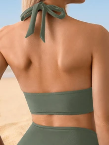 Swim Basics مجموعة بكيني من قطعتين للنساء، تتكون من توب بدون ظهر وأشرطة للكتف بلون واحد وشورت سباحة بخصر عالي مع إكسسوارات ذهبية، مناسبة للاستخدام في عطلة الشاطئ - أخضر عسكري - مشاهدة 5