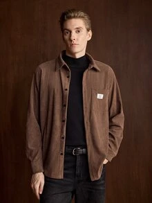 Manfinity Homme Men's Vintage Retro 90s -Style ShirtPocket Single-Breasted Shirt Coffee Brown Office Work Fall - Brown - View 1
