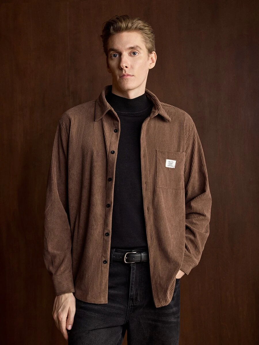 Manfinity Homme Men's Vintage Retro 90s -Style ShirtPocket Single-Breasted Shirt Coffee Brown Office Work Fall - Brown - View 1