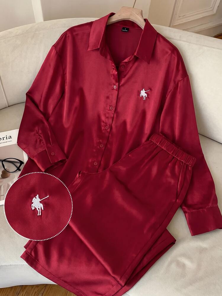 Comfortcana Women's Embroidered Single-Breasted Top And Pants Casual Set Christmas Lounge Burgundy Fall - Burgundy - View 4