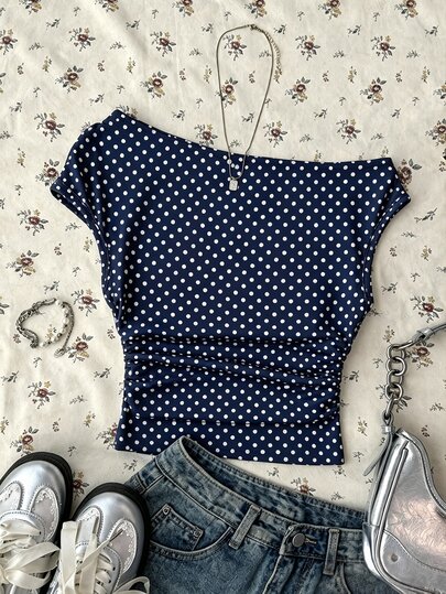 SHEIN Teen Girls Casual Cute Minimalist Fitted Asymmetrical Shoulder Ruched Cropped Top, Suitable For Spring/Summer, Personalized Outfit, Daily Basic Navy