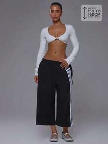 Musera Petite Stripe Side Elasticated Waist Sweatpant Jorts Active Petite Daily Active Gym Workout Fall Autumn Winter Pilates - Black - View 1