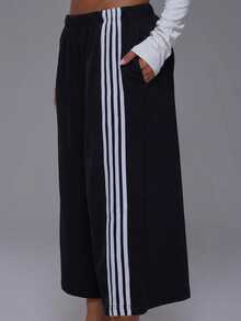 Musera Petite Stripe Side Elasticated Waist Sweatpant Jorts Active Petite Daily Active Gym Workout Fall Autumn Winter Pilates - Black - View 4