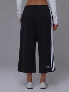 Musera Petite Stripe Side Elasticated Waist Sweatpant Jorts Active Petite Daily Active Gym Workout Fall Autumn Winter Pilates - Black - View 5