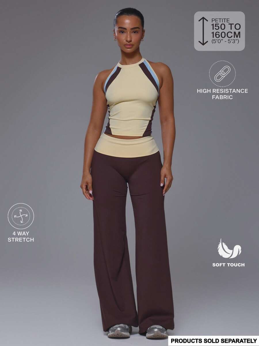 Musera Petite Fold Over Waistband Fitted Straight Leg Yoga Style Pants Petite Daily Active Gym Workout Fall Autumn Winter Pilates - Coffee Brown - View 1
