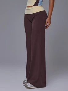 Musera Petite Fold Over Waistband Fitted Straight Leg Yoga Style Pants Petite Daily Active Gym Workout Fall Autumn Winter Pilates - Coffee Brown - View 3