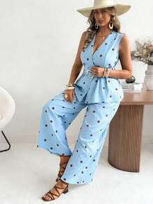 Flirla Ceyna Plus Size Women's Classic Retro Polka Dot Vest And Wide Leg Pants Set Summer Holiday Outfits - Baby Blue - View 5