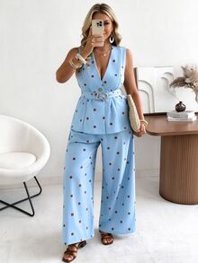 Flirla Ceyna Plus Size Women's Classic Retro Polka Dot Vest And Wide Leg Pants Set Summer Holiday Outfits - Baby Blue - View 1