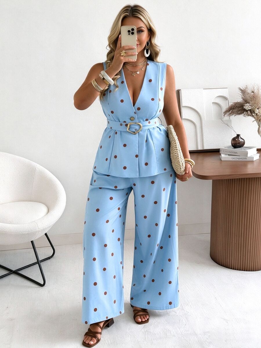 Flirla Ceyna Plus Size Women's Classic Retro Polka Dot Vest And Wide Leg Pants Set Summer Holiday Outfits - Baby Blue - View 1