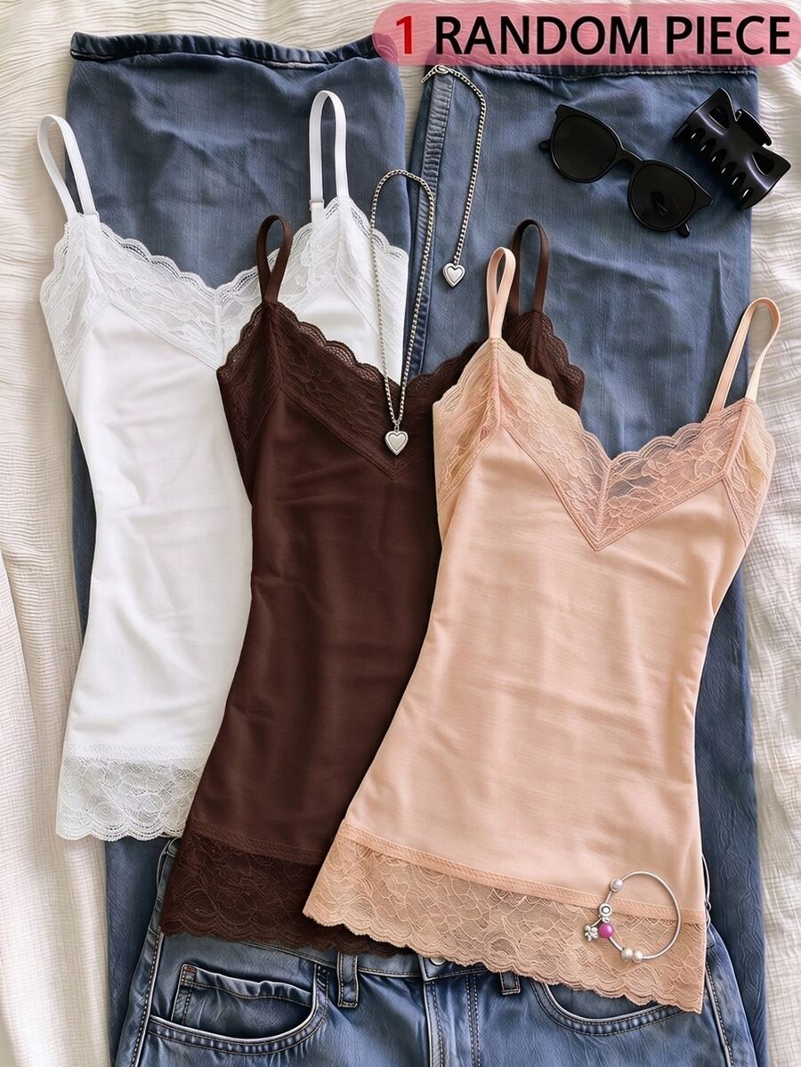 SHEIN Sparklyn Teen Girls Vintage Cute Y2k Street Style Letter Print Colorblock Spaghetti Strap Sleeveless Cropped Tank Tops Summer School Sixth Form White - Apricot - View 1