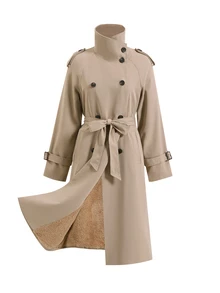 Editum Women's Elegant French Classic High Neck Button Long Sleeve Pocket Trench Coat Office Beige Fall - Khaki - View 10