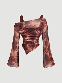 SHEIN MOD Plus Size Vintage Red Printed Asymmetrical Shoulder Top, 2 In 1, Early Autumn Flare Sleeve Top, Vintage Daily Wear Fall - Brown - View 2