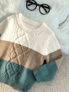 SHEIN 男嬰針織毛衣上衣，保暖內裡加厚配色圓領長袖內搭衫，舒適百搭時尚，可愛經典簡約基本款，適合室內、戶外滑雪、日常、運動、玩耍、派對、拍照，適用秋季與冬季 - 彩色 - 查看 3