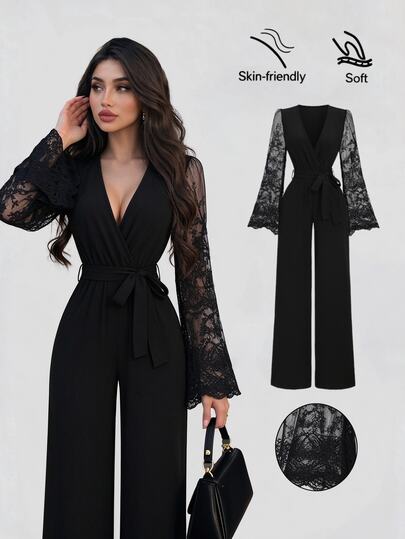 Sweetra Women's Black V-Neck Sleeve Contrast Lace Trim Design Waist-Cinching Slimming European & American Style Sexy Hot Girl Elegant Vintage Date Party Jumpsuit