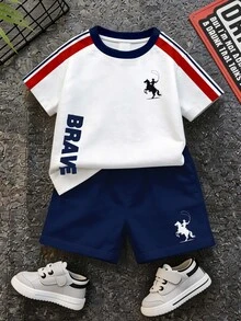 Kids Young Boy Casual Minimalist T-Shirt Set, Classic Striped Pattern Print, Exquisite Small Logo Pattern Print, Brave Text Pattern Print - Multicolor - View 1