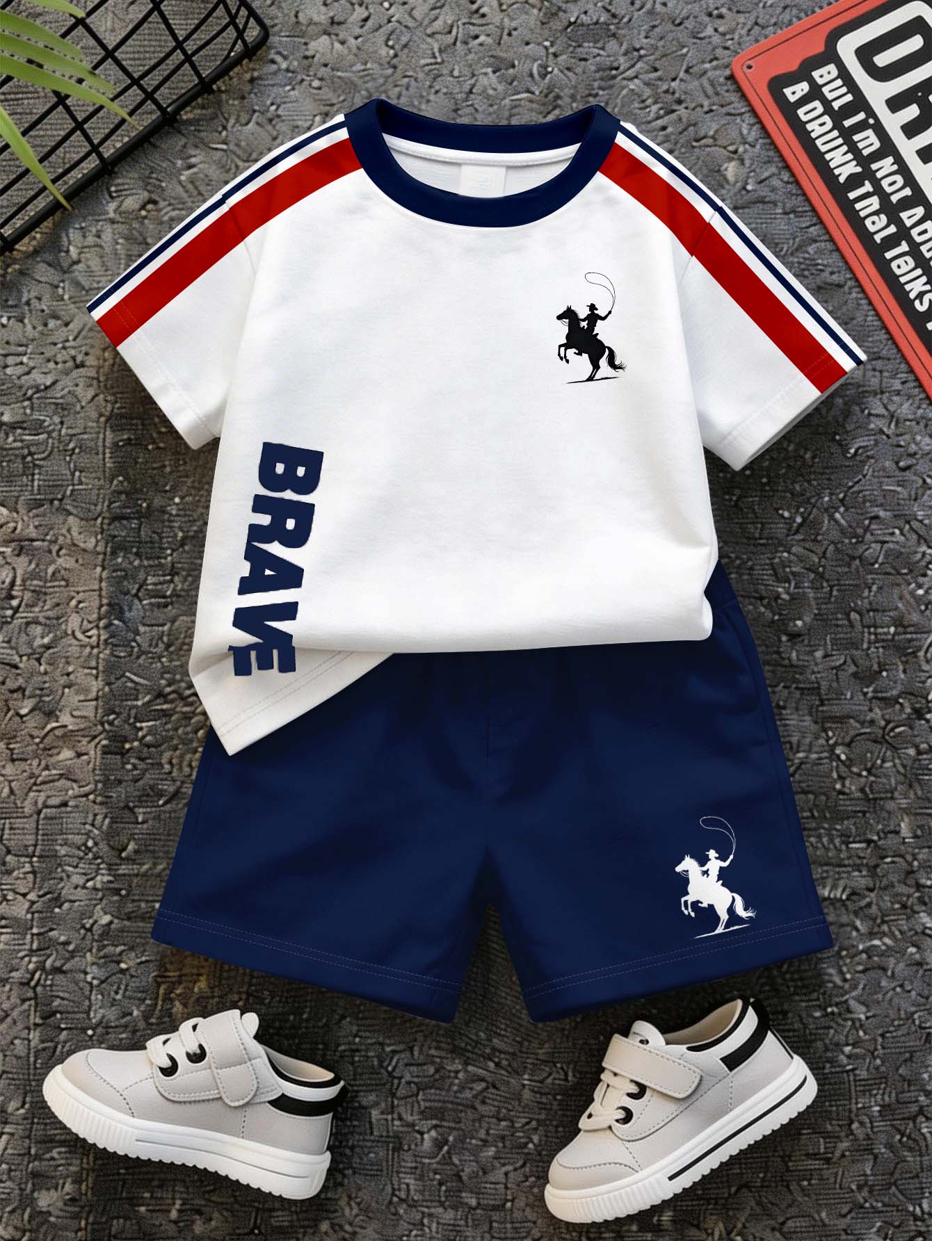 Kids Young Boy Casual Minimalist T-Shirt Set, Classic Striped Pattern Print, Exquisite Small Logo Pattern Print, Brave Text Pattern Print - Multicolor - View 1