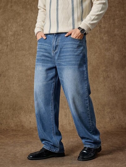 Manfinity CasualKnits Jeans amples pour hommes grande taille, tenue quotidienne décontractée, jeans amples de lavage foncé uni, jeans cargo bleu marine lavé, pour mari, cadeau pour petit-ami