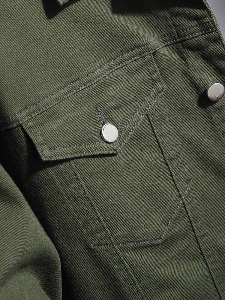 Manfinity CasualKnits 大码男士纯色工装口袋长袖纯色休闲深色牛仔夹克，春秋季，适合工作 - 軍綠色 - 查看 8